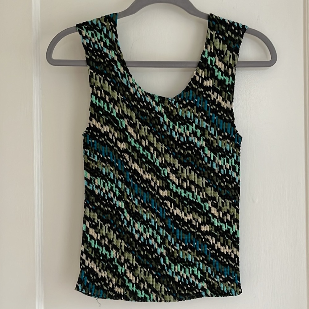 Nicola Y2K Crinkle Stretch Sleeveless Tank Top Blouse Size Medium Black Teal - Picture 2 of 5
